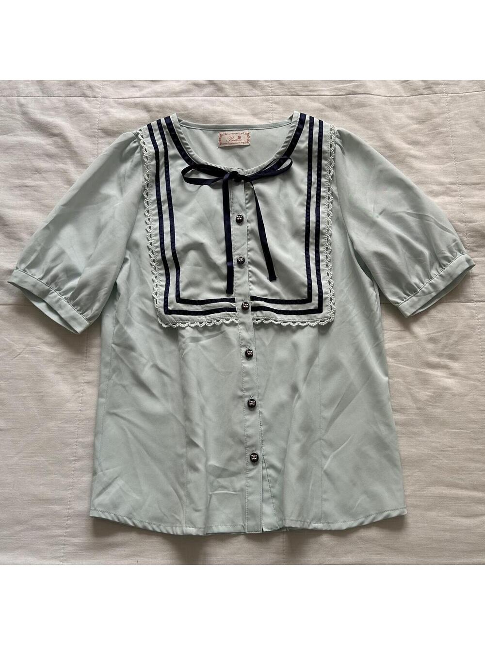 Mint Blue Ribbon Lace Puff Sleeve Blouse Small Japan